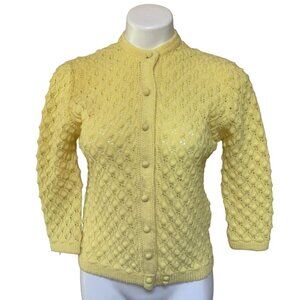 Vintage 50s Pointelle Knit Yellow Cardigan Sweater Womens Small